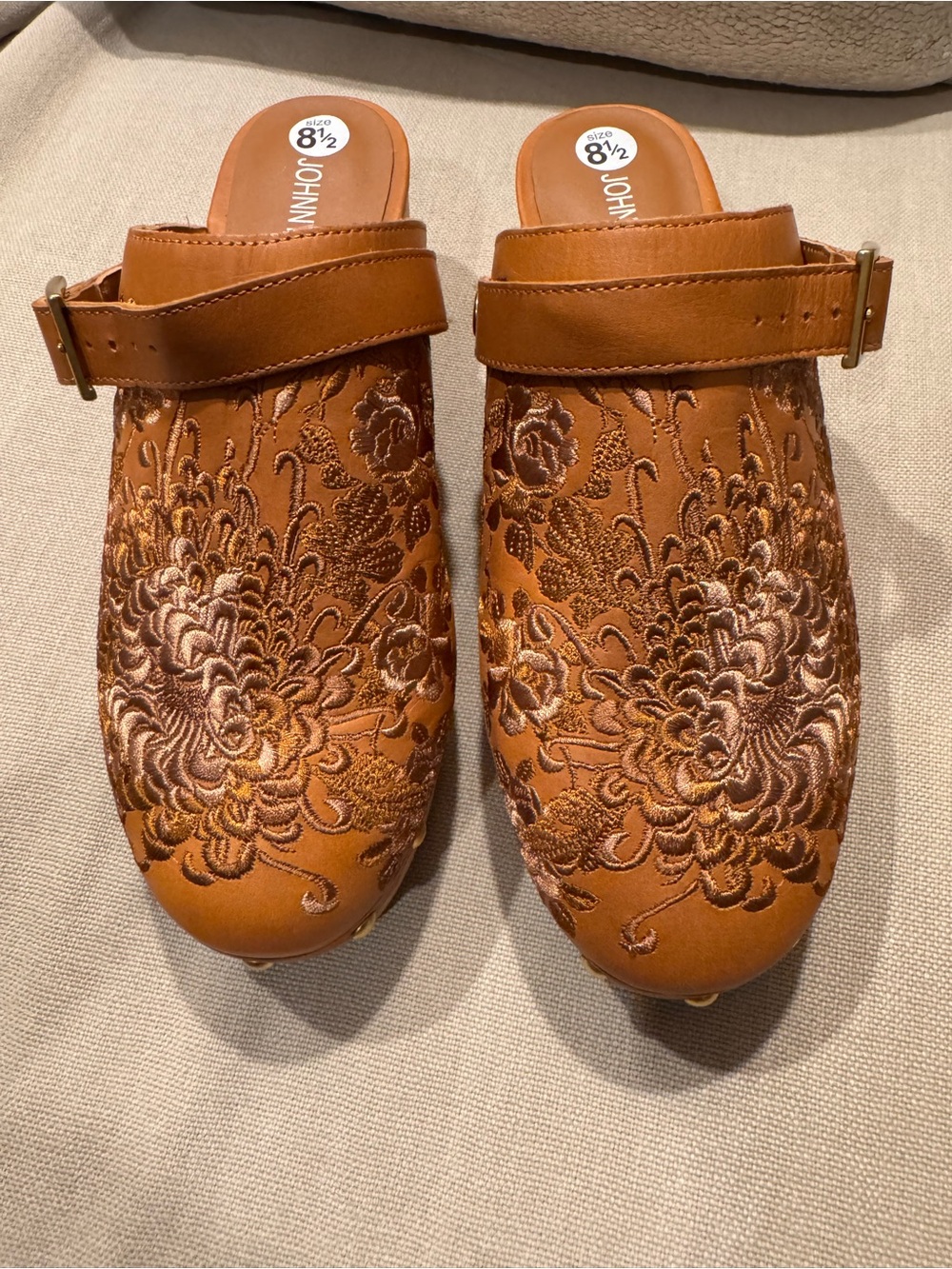 JOHNNY WAS Cognac Leather Floral Embroidered Wooden Clogs Mules Size 8.5